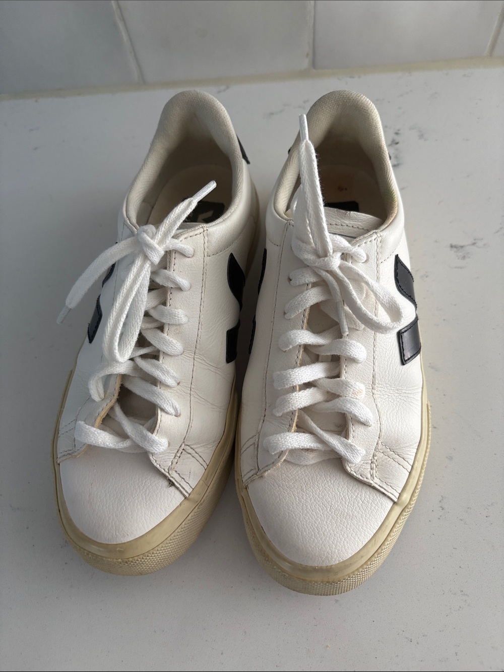 Veja Campo White Leather Low-Top Sneakers with Black V Detail-Size 6